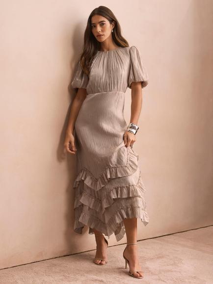 Mint Velvet Metallic Ruffle Midi Dress, Natural - view 2, Natural