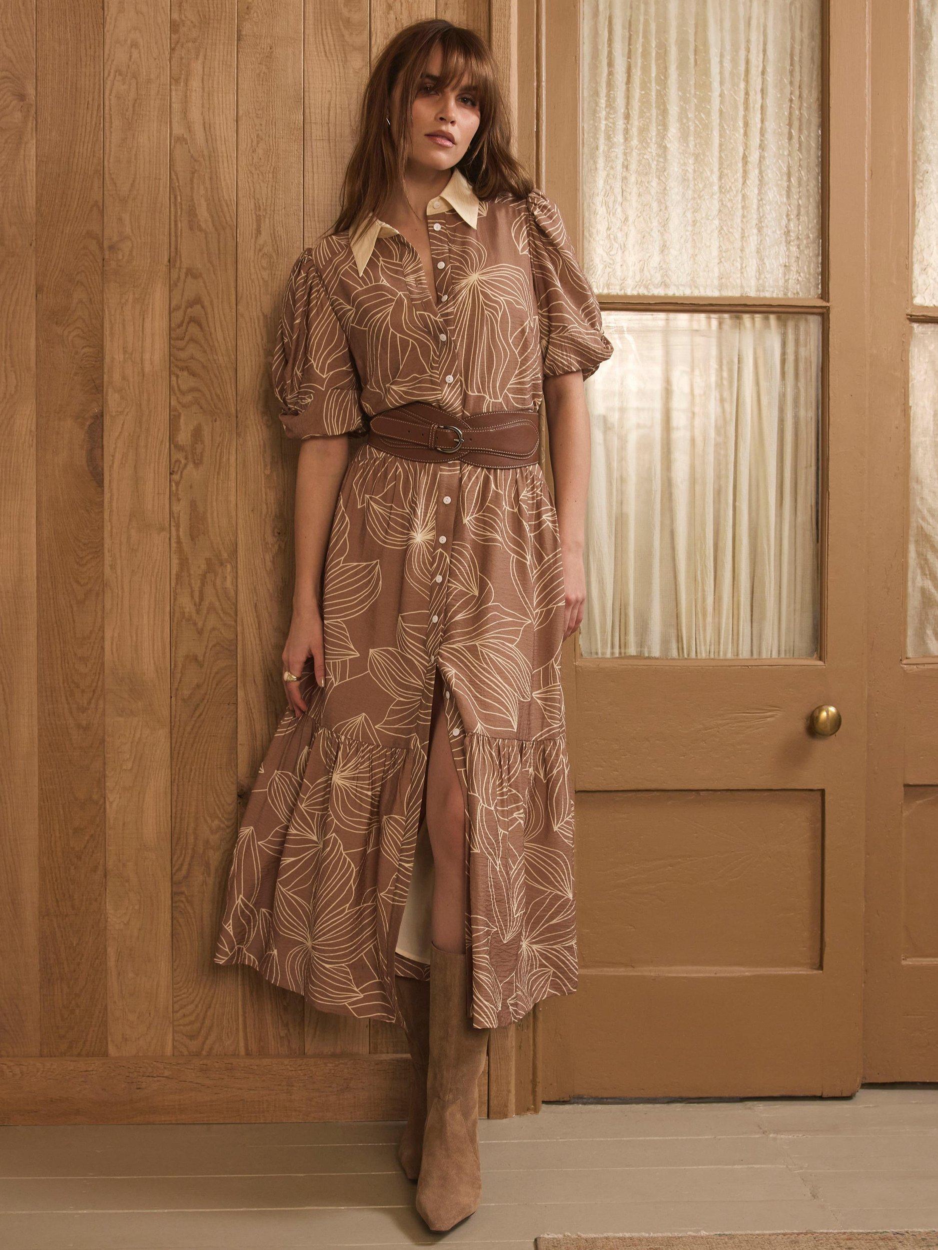 brown wingtip dress boots Long Sleeve Velvet Floral Print Midi Dress