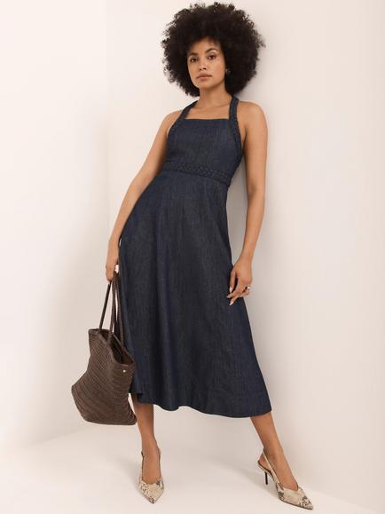 Mint Velvet Denim Halterneck Midi Dress, Blue Navy, Blue Navy