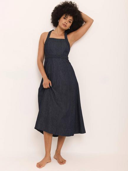 Mint Velvet Denim Halterneck Midi Dress, Blue Navy - view 2, Blue Navy