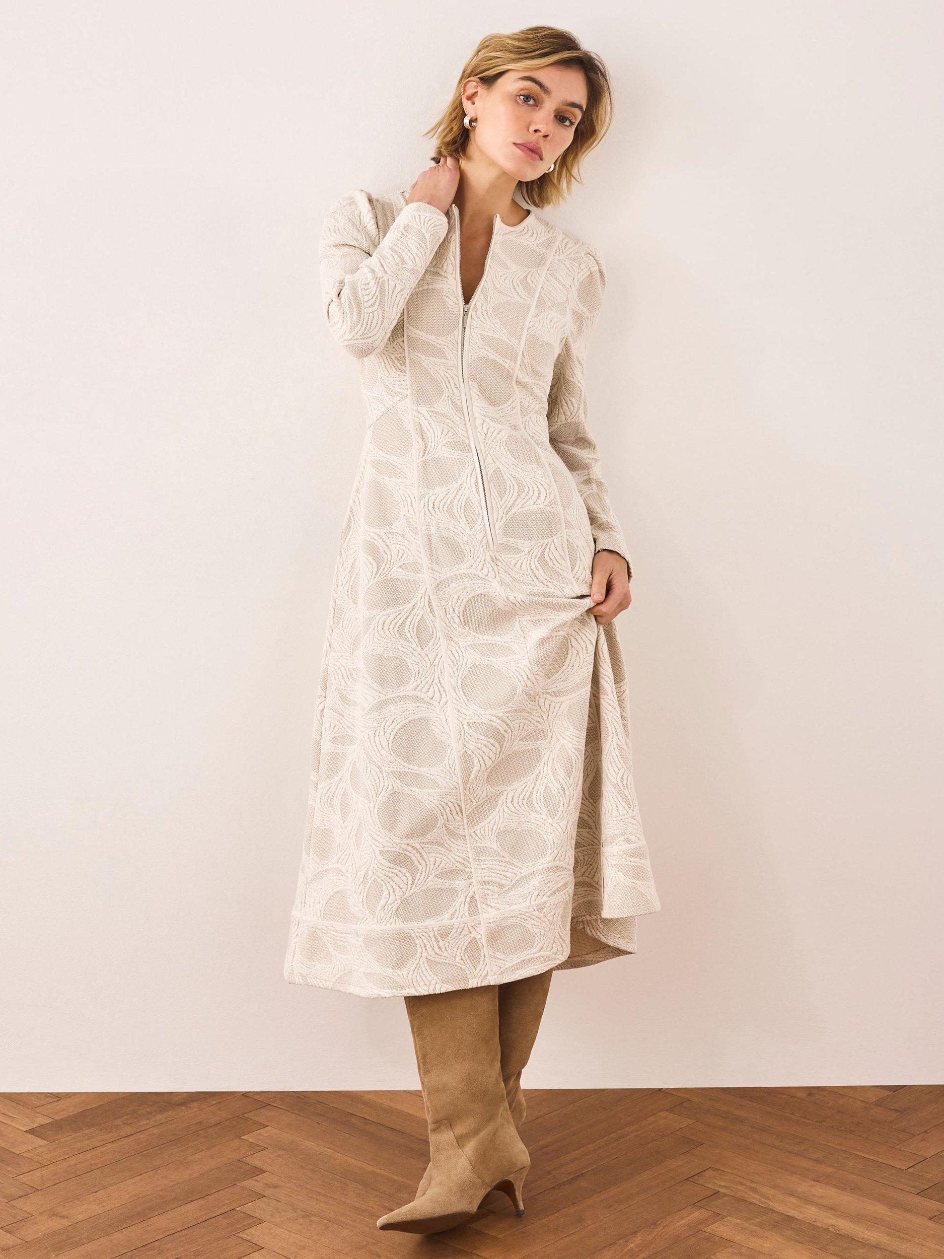 Mint Velvet Zip Detail Jacquard Midi Dress, White Ivory