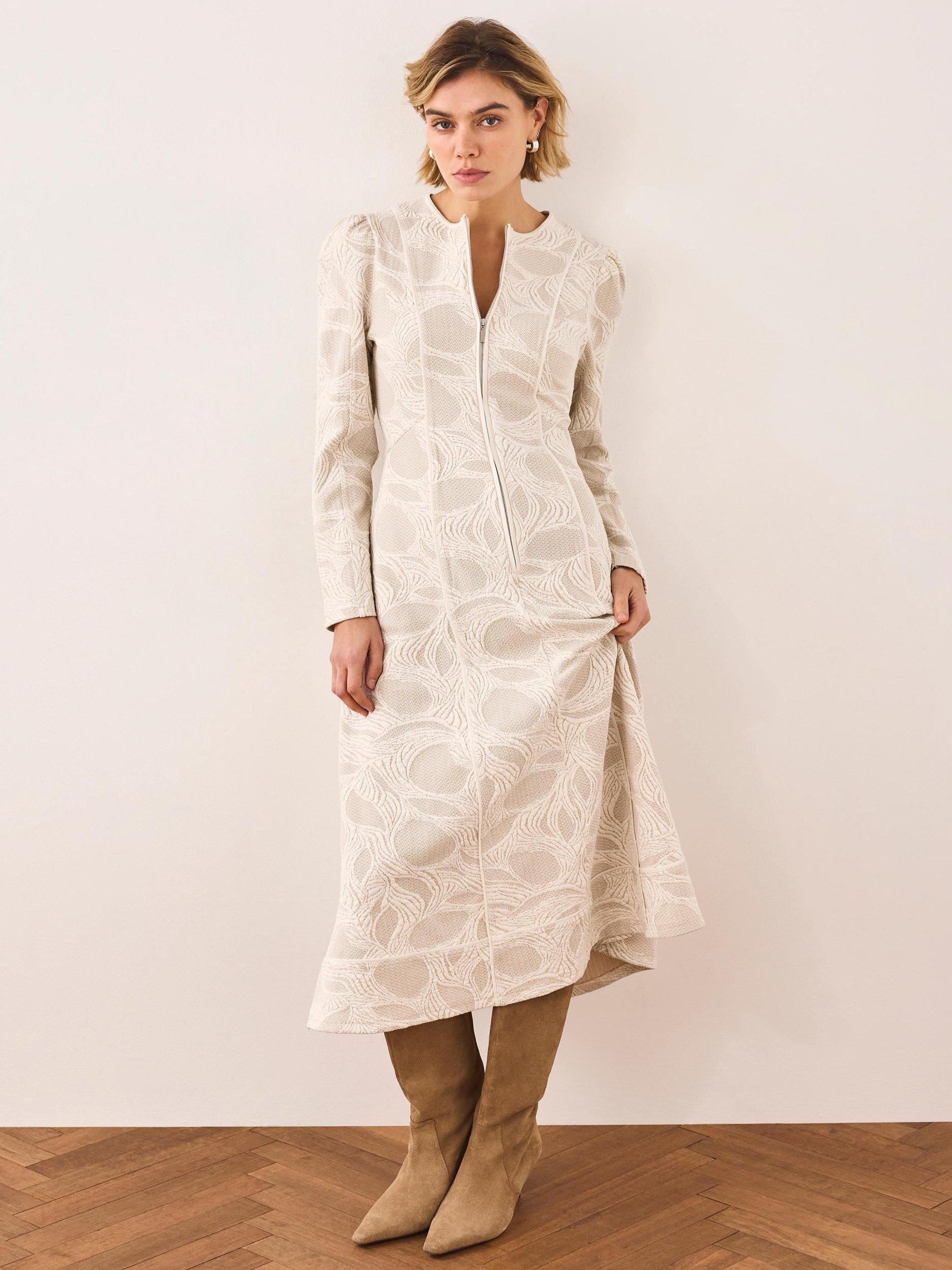 Mint Velvet Zip Detail Jacquard Midi Dress, White Ivory