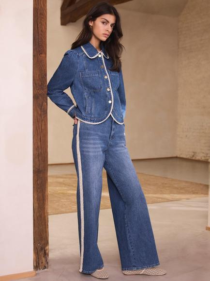 Mint Velvet High Rise Lace Trim Straight Jeans, Blue, Blue