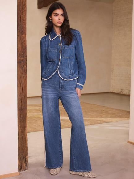 Mint Velvet High Rise Lace Trim Straight Jeans, Blue - view 2, Blue