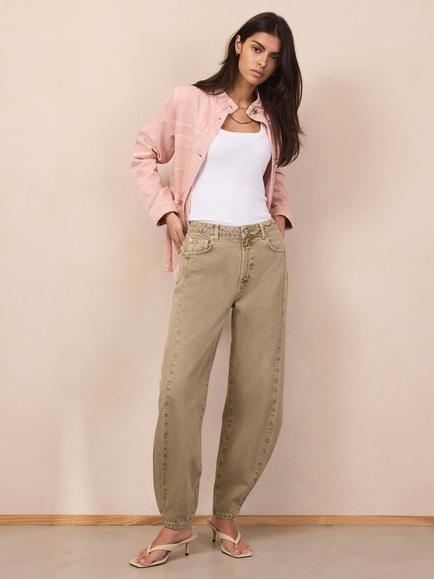 Mint Velvet High Rise Barrel Leg Jeans, Green Khaki - view 2, Green Khaki