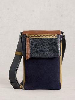 White Stuff Tiggy Leather Crossbody Phone Pouch, Navy/Brown, Navy/Brown