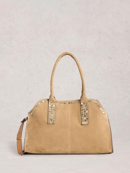 White Stuff Bryony Studded Pure Leather Bowling Bag, Natural, Natural