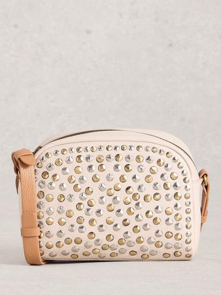 White Stuff Bella Studded Pure Leather Crossbody Bag, White/Brown, White/Brown