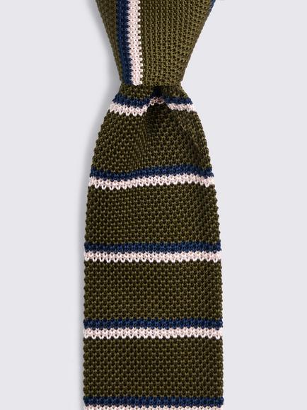Moss Italian Silk Stripe Knitted Tie, Khaki/Pink - view 2, Khaki/Pink