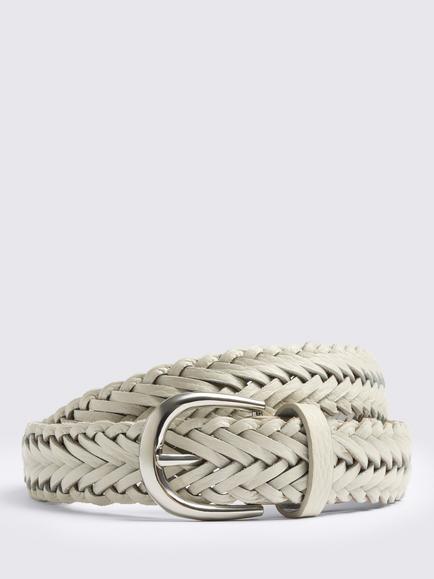 Moss Leather Woven Belt, Off White