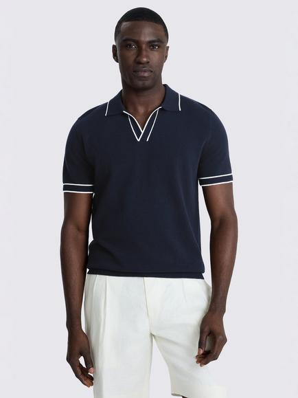 Moss Short Sleeve Contrast Placket Cotton Skipper Polo Shirt, Navy
