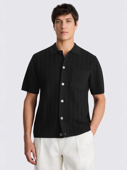 Moss Chevron Pointelle Knitted Shirt, Black