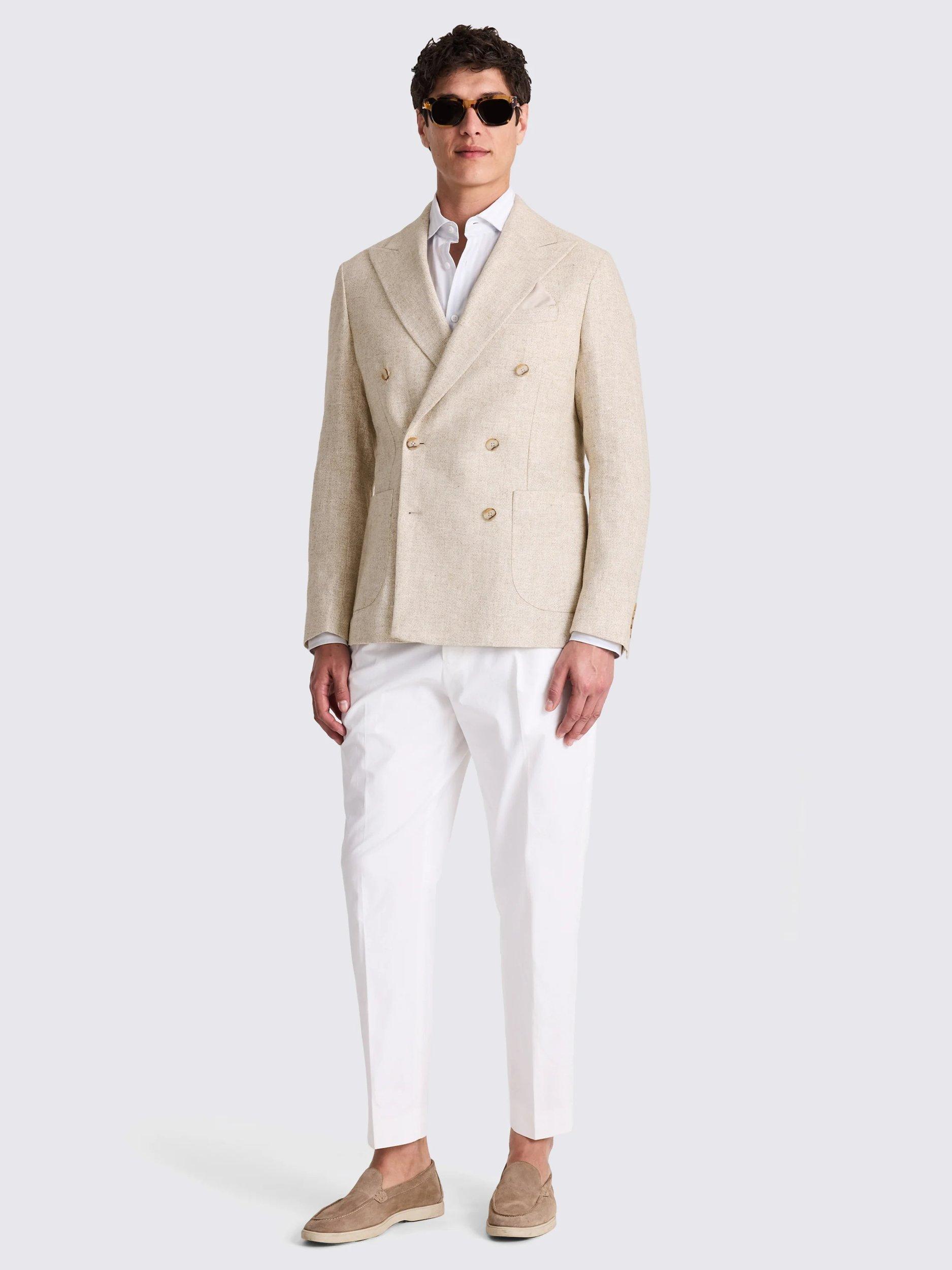 Product image 2 of 5, which shows Moss Linen Blend Double-Breasted Blazer, Oatmeal, 36S
