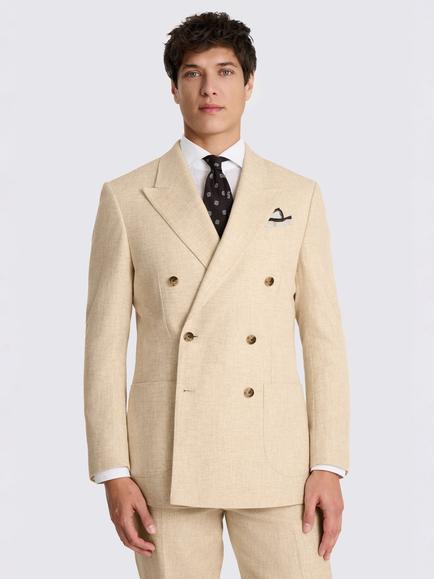Moss Relaxed Fit Twill Linen Blend Double Breasted Suit Jacket, Ecru