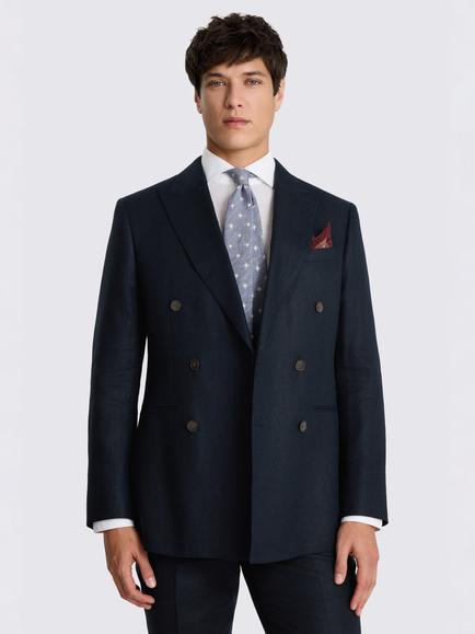 Moss Tailored Fit Twill Linen Double Breasted Suit Jacket, Navy