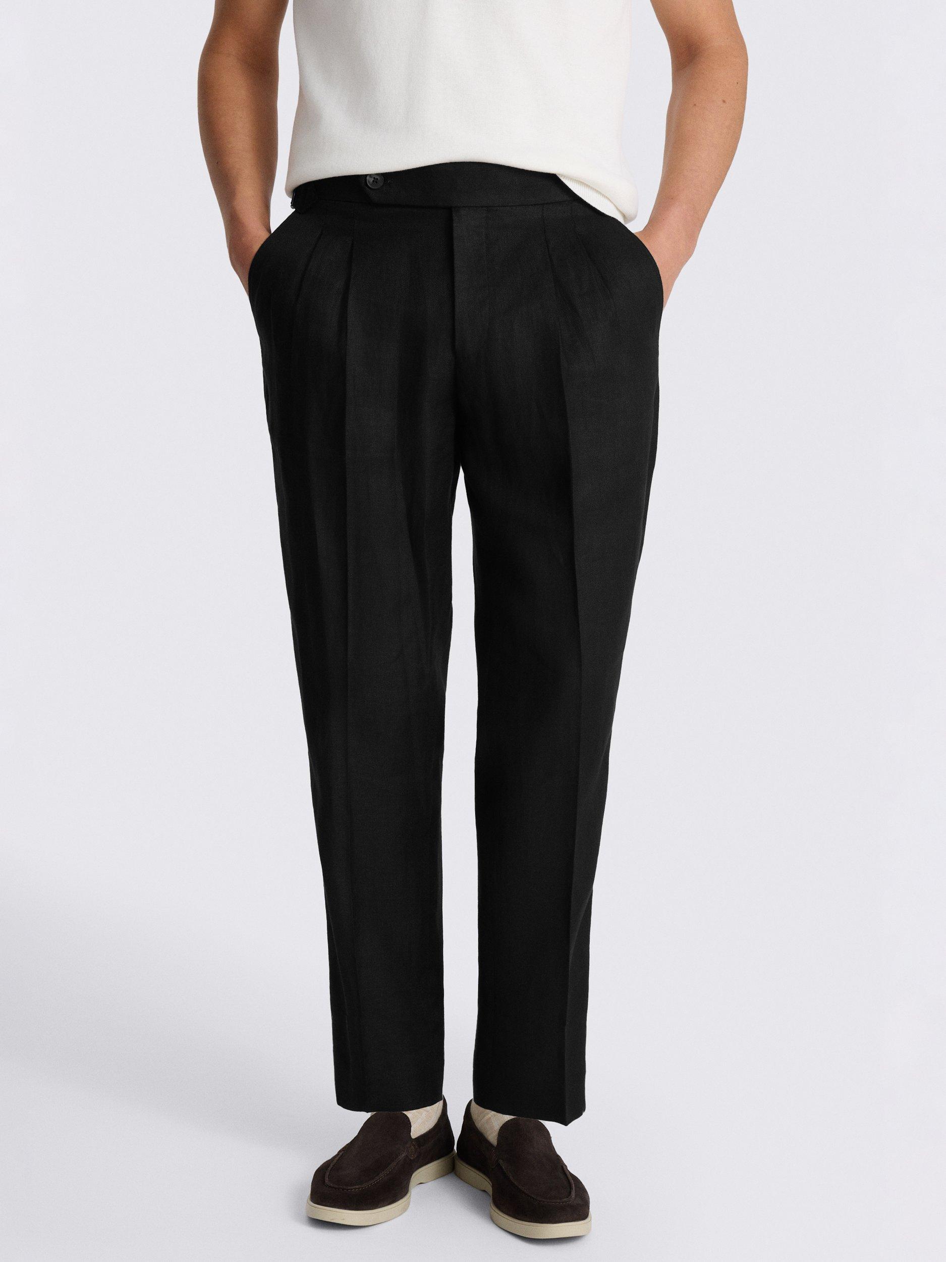 Product image 1 of 3, which shows Moss Double Pleated Front Linen Trousers, Black, 30S
