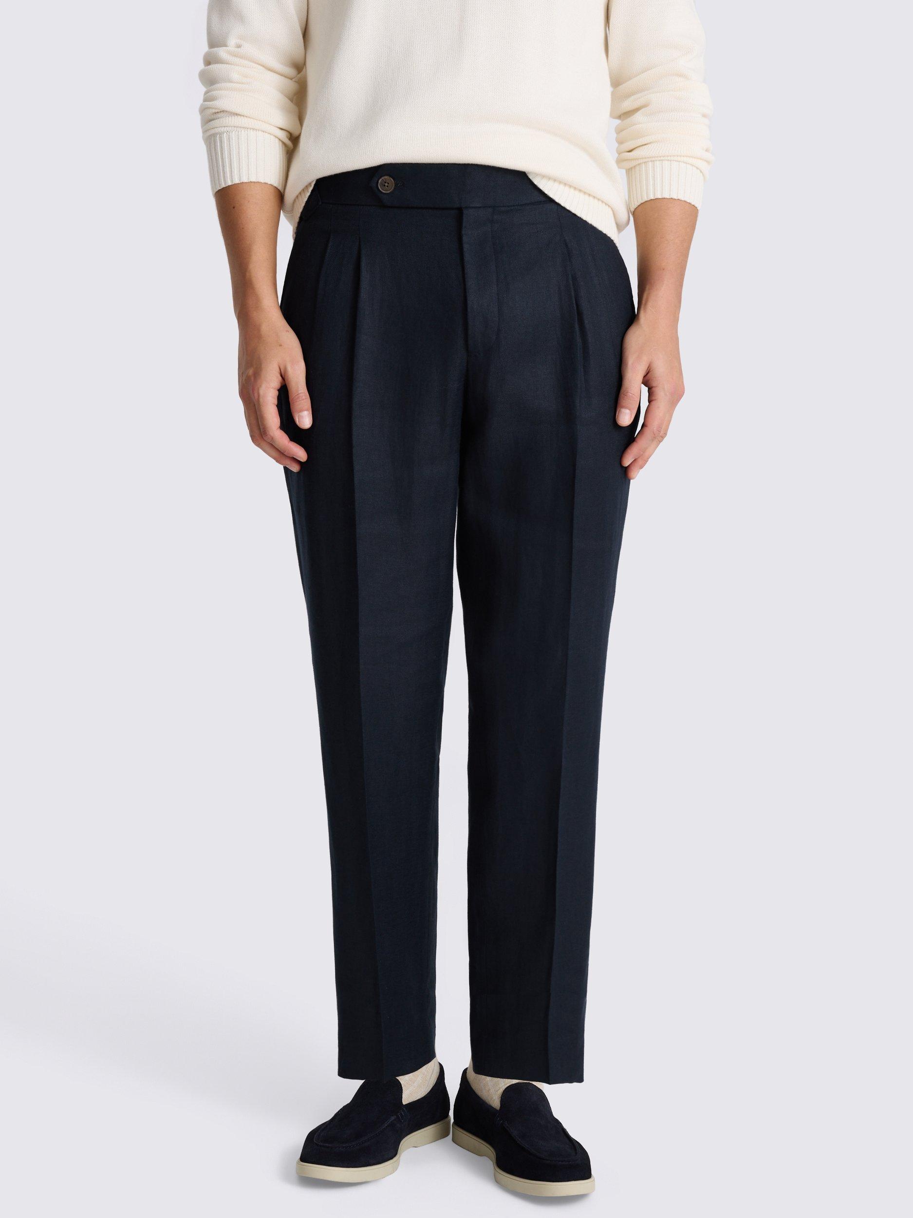 Product image 1 of 3, which shows Moss Double Pleated Front Linen Trousers, Navy, 30S