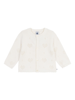 Petit Bateau Baby Knitted Long Sleeved Heart Cardigan, White, White