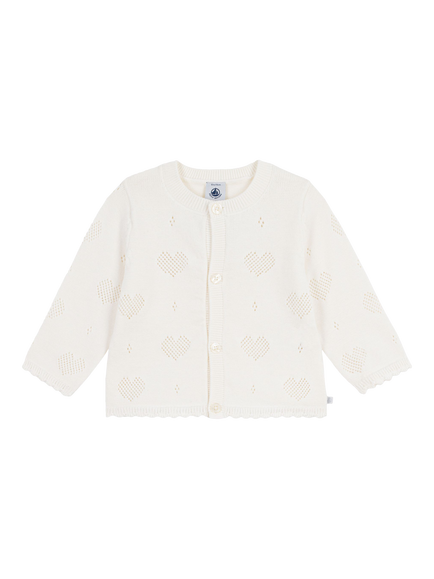 Petit Bateau Baby Knitted Long Sleeved Heart Cardigan, White, White