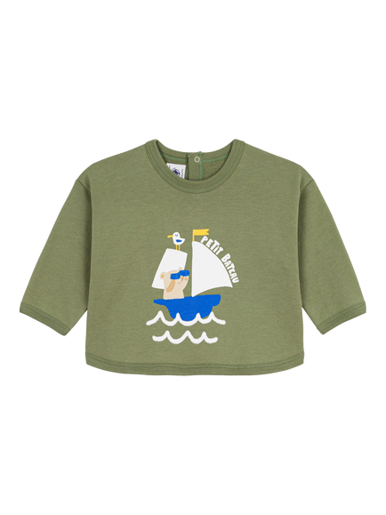 Petit Bateau Baby Cotton Boxy Boat Print Sweatshirt, Green, Green