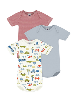 Petit Bateau Baby Short Sleeved Bodysuit, Pack of 3, White/Multi, White/Multi