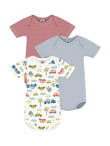 Petit Bateau Baby Short Sleeved Bodysuit, Pack of 3, White/Multi, White/Multi
