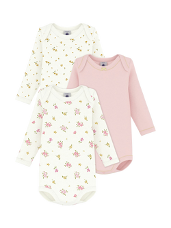 Petit Bateau Baby Short Sleeved Bodysuit, Pack of 3, White/Multi, White/Multi