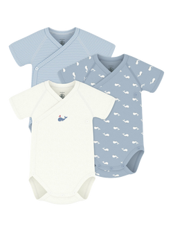 Petit Bateau Baby Cotton Printed Wrap Bodysuit, Pack of 3, Blue, Blue