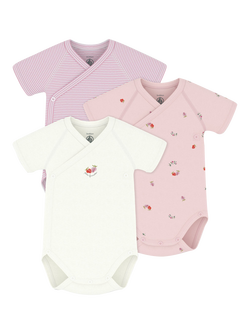 Petit Bateau Baby Short Sleeved Wrap Bodysuit, Pack of 3, Pink/Multi, Pink/Multi