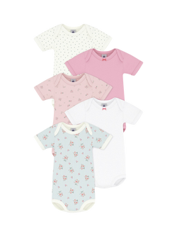 Petit Bateau Baby Cotton Short Sleeved Bodysuit, Pack of 5, White/Multi, White/Multi
