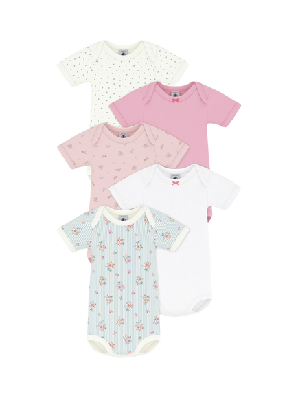 Petit Bateau Baby Cotton Short Sleeved Bodysuit, Pack of 5, White/Multi, White/Multi