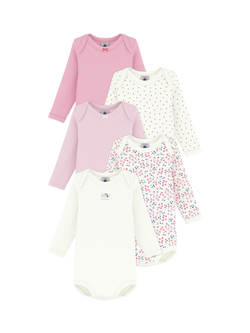 Petit Bateau Baby Cotton Long Sleeved Bodysuit, Pack of 5, Pink, Pink
