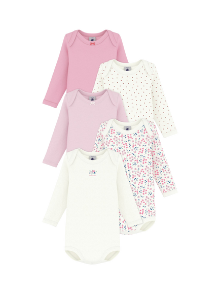 Petit Bateau Baby Cotton Long Sleeved Bodysuit, Pack of 5, Pink, Pink