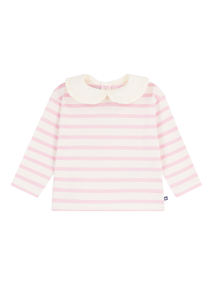Petit Bateau Baby Long Sleeved Poplin Collar Striped Top, Pink, Pink