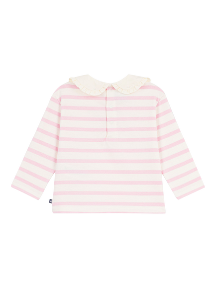 Petit Bateau Baby Long Sleeved Poplin Collar Striped Top, Pink - view 2, Pink
