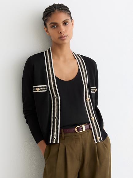 Reiss Danni Colour Contrast Cardigan, Black/Khaki, Black/Khaki