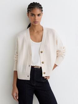 Reiss Lottie Textured Stitch Wool Rich Cardigan, Ivory, Ivory