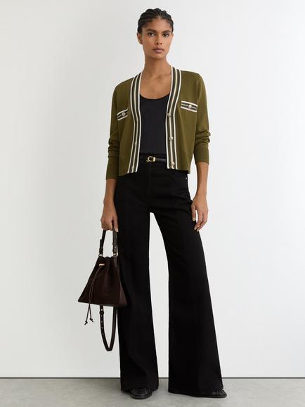 Reiss Danni Colour Contrast Cardigan, Green/Ivory, Green/Ivory