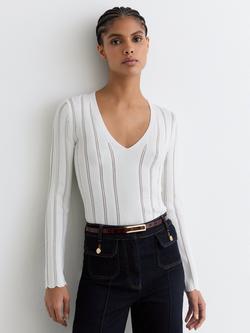 Reiss Loui V-Neck Scallop Jumper, White, White