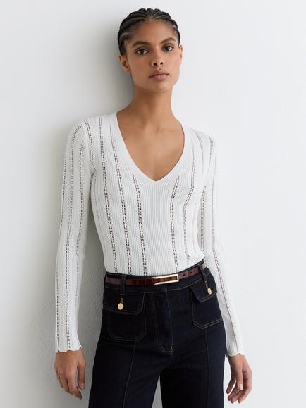 Reiss Loui V-Neck Scallop Jumper, White, White