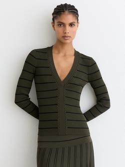 Reiss Lauralee Stitch Detail Stripe Jumper, Khaki/Black, Khaki/Black