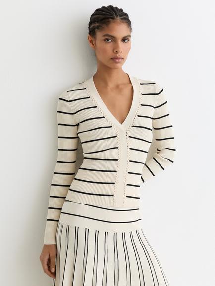 Reiss Lauralee Stitch Detail Stripe Jumper, Ivory/Black, Ivory/Black