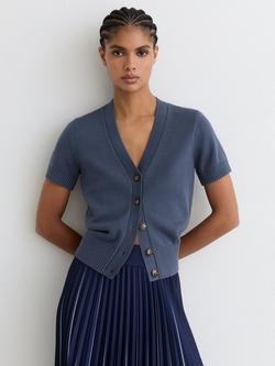Reiss Anya V-Neck Short Sleeve Cardigan, Blue
