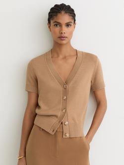 Reiss Anya V-Neck Short Sleeve Cardigan, Camel