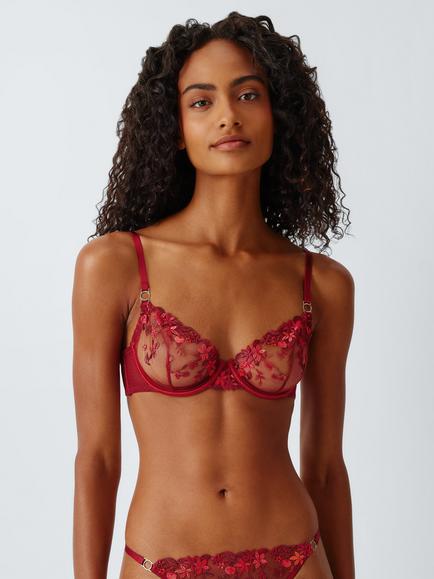 John Lewis Lucia Feather Embroidery Non-Padded Plunge Bra, Deep Red Multi, Deep Red Multi