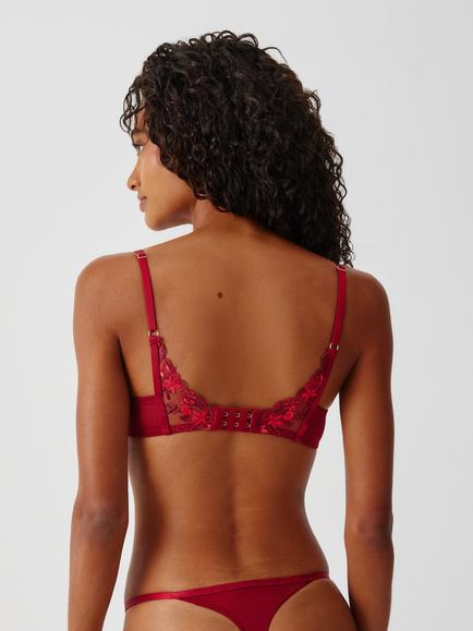 John Lewis Lucia Feather Embroidery Non-Padded Plunge Bra, Deep Red Multi - view 2, Deep Red Multi