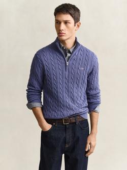 GANT Cable Knit Half-Zip Cotton Jumper, Blue Horizon, Blue Horizon