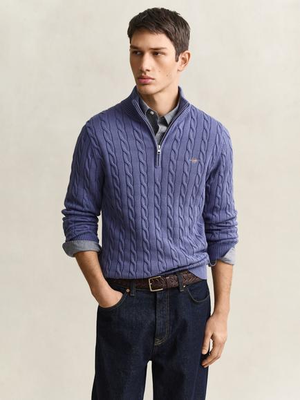 GANT Cable Knit Half-Zip Cotton Jumper, Blue Horizon, Blue Horizon