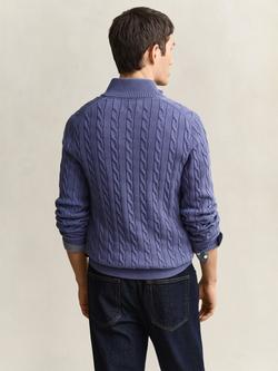 GANT Cable Knit Half-Zip Cotton Jumper, Blue Horizon - view 2, Blue Horizon