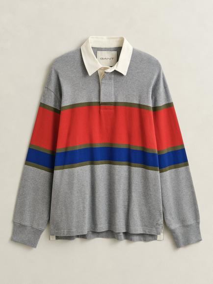 GANT Block Stripe Cotton Rugby Shirt, Grey Melange, Grey Melange